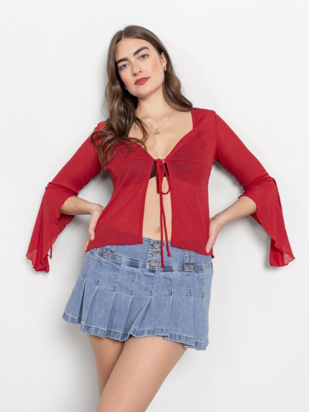 SHEER Red Stretchy Bell Sleeves Y2K Party Top Vintage See Through Tie Front